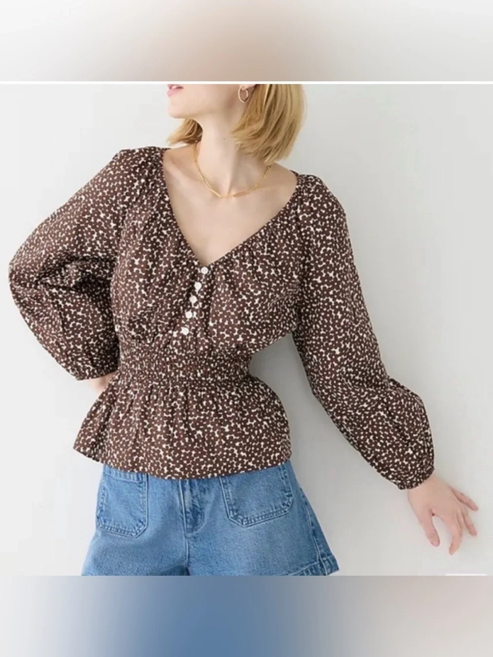 J. Crew Floral Blouse Smocked Waist Long Sleeve V Neck Lightweight S